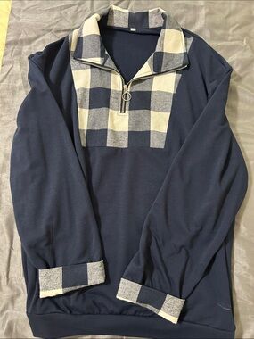 Women’s Navy Quarter-Zip Pullover Sweater with Check Trim